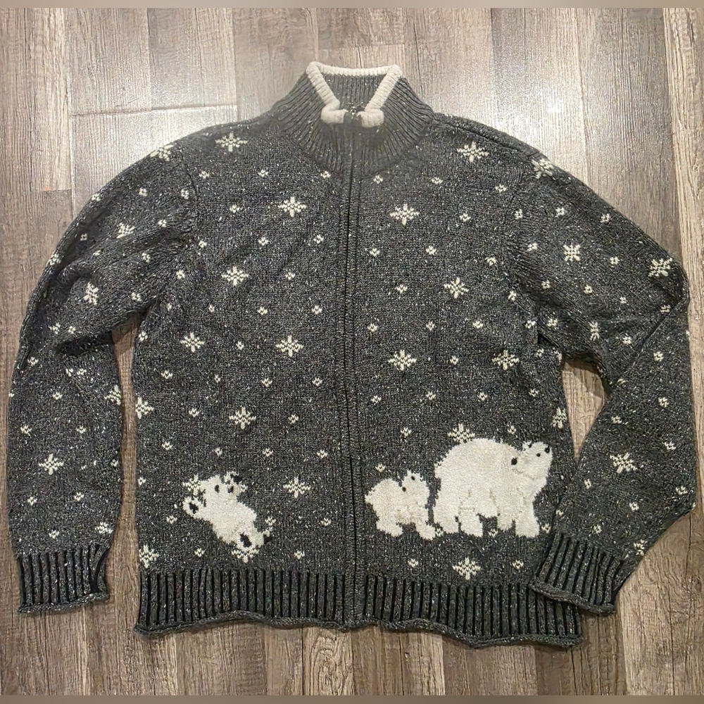 Charter Club Knit Wool Blend Cardigan Sweater  Polar Bear Snow Flakes Vintage